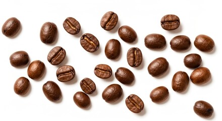 Scattered, shiny brown coffee beans lie on a bright white surface