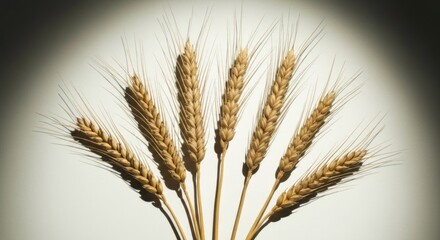 Fototapeta premium Seven stalks of golden wheat arranged in a fan shape on white backdrop