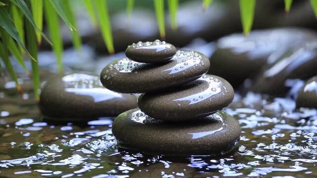 Stone tower in zen garden: A serene arrangement of polished stones carefully balanced atop each other, forming a zen tower amidst a tranquil garden setting. The gentle interplay of light and shadow.