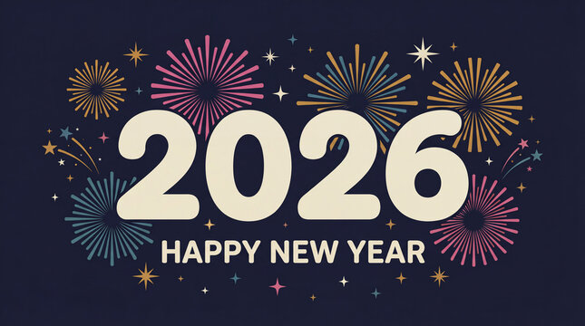 Happy new year 2026 celebration with colorful fireworks display and modern typography design - Powered by Adobe