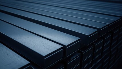 Stack of metallic, rectangular bars with a subdued blue-gray cast