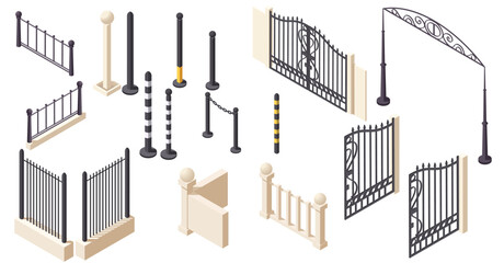 Set of metal and stone fences, gates, bollards, and posts in isometric style on white background. Concept of urban security and boundary. Vector illustration