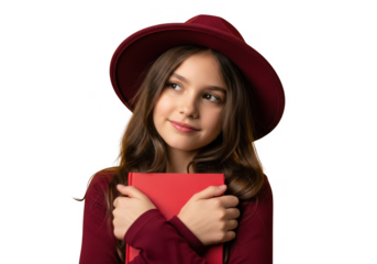 Young girl in a burgundy hat holding a red book isolated on transparent background
