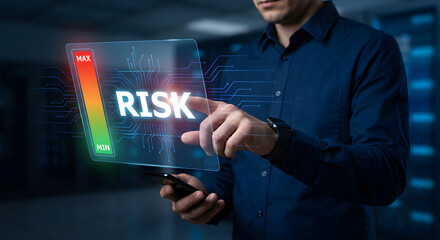 Futuristic digital interface displaying risk assessment with colorful gauge and man using smartphone in high-tech