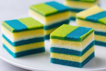 Close up layered kue lapis legit cake slices arranged on a white plate, showcasing vibrant colors and textures, perfect for dessert lovers and culinary enthusiasts