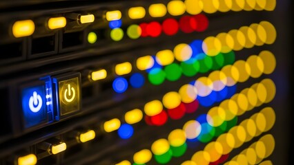 Close-up of blinking LED lights on computer server rack, indicating operational status and network activity, technology and data center concept