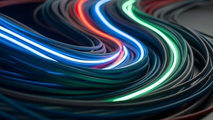 Dynamic flow of luminous fiber optic cables symbolizing high-speed data transmission and advanced communication technology in a digital era