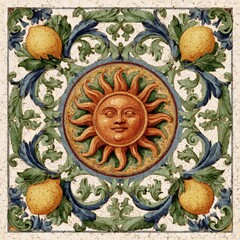 Decorative sun motif is framed by bright lemons and lush green leaves, highlighting intricate patterns and vibrant colors in a stunning floral artwork