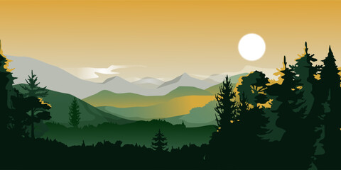 Serene mountain landscape with sun rising over layered hills and pine trees, in flat graphic style, on a warm orange sky background. Vector illustration