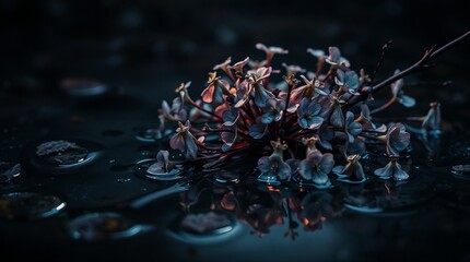 Artistic bouquet of flowers symbolizing the drowned Ophelia, illustration for Shakespeare's tragedy Hamlet, dark blue and purple tones, floating in water, with space for text