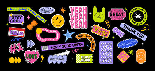 Bright sticker set with cheerful phrases, colorful cartoon style on black background. Concept of positivity, motivation, and good vibes. Vector illustration