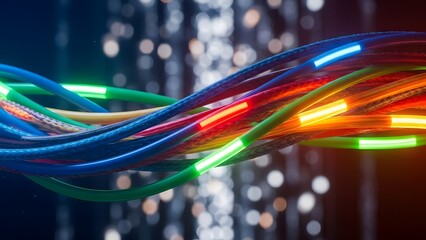 Futuristic portrayal of glowing fiber optic cables facilitating high-speed data transmission, embodying the advanced infrastructure of modern digital networks and global connectivity