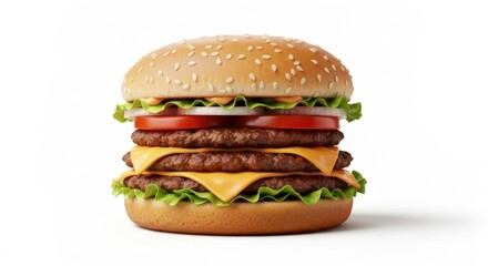 Towering double cheeseburger with lettuce, tomato, onion, on a sesame seed bun