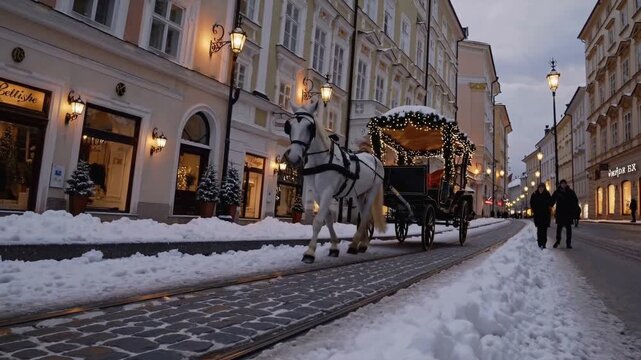 Historical winter carriage ride: A majestic white horse gracefully pulls a vintage carriage through a snow-covered cobblestone street, offering a nostalgic journey into the heart of a charming town.
