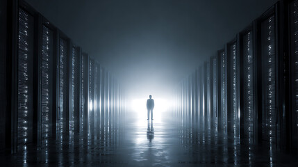  A silhouetted worker standing amid rows of AI servers in a data center (3)