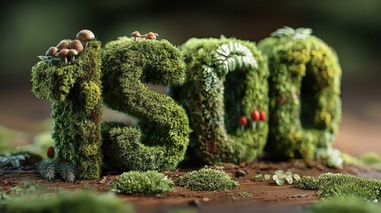 Iso 14001 environmental management standard concept in moss and mushrooms on a wooden surface signifying the importance of ecological responsibility and sustainability