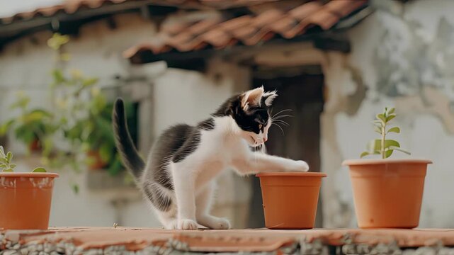 A playful kitten discovers flower pots while exploring the garden, showcasing its curiosity and playful nature amidst greenery