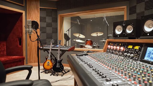 Empty recording studio with drum set, guitars, and audio mixer for music production. Professional audio equipment for musician.