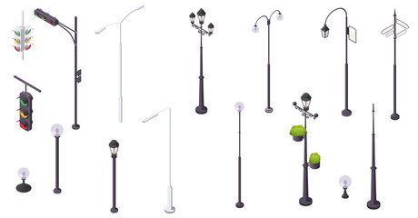Collection of isometric street lamps, traffic lights, and signposts in various designs on white background. Concept of city infrastructure. Vector illustration © GN.STUDIO
