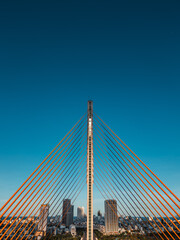 Symmetric modern cable-stayed bridge over Han River in Da Nang, Contemporary urban span connecting city skyline across Vietnamese waterway