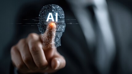 Businessman interfaces with a digital human-ai hybrid, showing the synergy between human intelligence and artificial intelligence