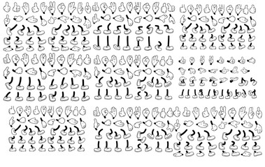 Retro cartoon legs and hands. Vintage hand, foot and f. Hands with gloves and feet with boots, various poses for characters, a set of poses, gestures, placement of hands and feet. Body parts mascot.