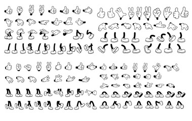 Retro cartoon legs and hands, Hands with gloves and feet with boots, various poses for characters, a set of poses, gestures, placement of hands and feet. Mascot character set. Cartoon set of limbs.eps