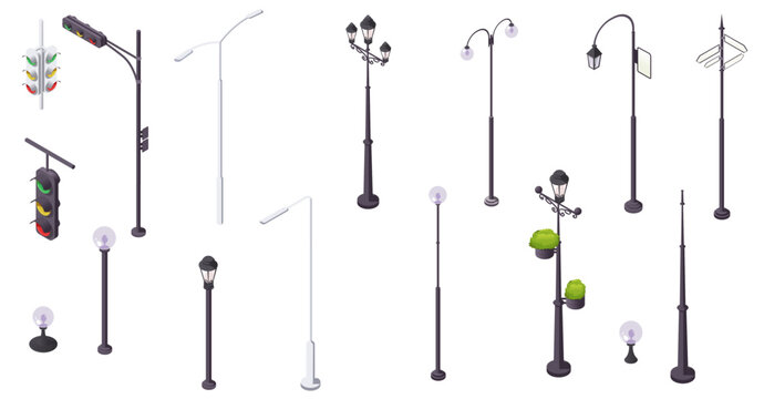Collection of isometric street lamps, traffic lights, and signposts in various designs on white background. Concept of city infrastructure. Vector illustration