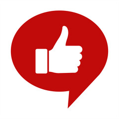 Approval Dialogue A social media icon, with a prominent thumbs up gesture, emerges from a bright red speech bubble, symbolizing endorsement and agreement.