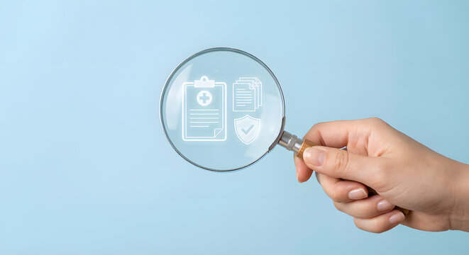 Magnifying Glass with Medical and Health Icons on a Light Blue Background