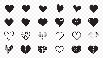 Collection of diverse black heart icons in various styles and designs on transparent background symbol