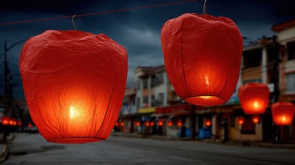 A lantern festival with hundreds of glowing red lanterns against a dark night sky, magical Chinese New Year scene