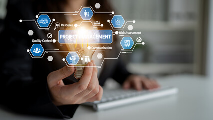 Conceptual Image of Project Management with Light Bulb and Icons Representing Communication, Risk Assessment, and Quality Control in a Modern Workspace. Tessel.