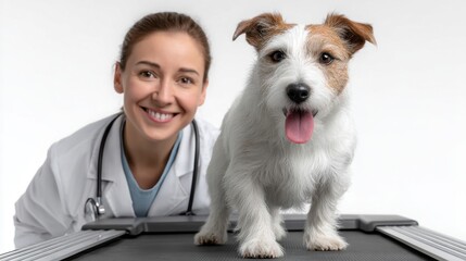 Full body view of a female vet running gently on a treadmill next to an overweight dog on its own treadmill, motivating, banner