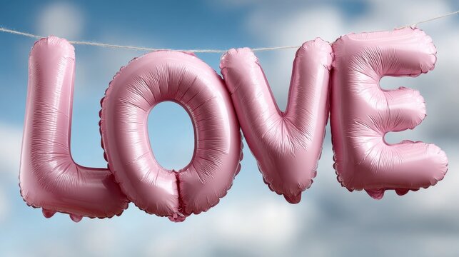 Valentine's Day, the word "LOVE" made of shiny pink balloons floating against a sky blue background - Powered by Adobe
