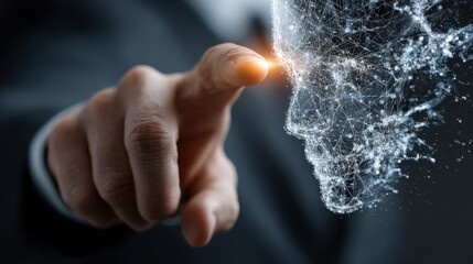 Businessman interfaces with a digital human-ai hybrid, showing the synergy between human intelligence and artificial intelligence