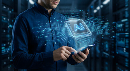 Futuristic AI Technology Concept with a Man Using Smartphone in Data Center Environment
