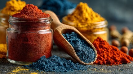 Vibrant spices displayed in jars and a wooden scoop, showcasing rich colors of red, yellow, and blue, enhancing the culinary experience and inviting creativity in cooking