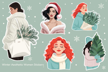 Winter aesthetic women sticker set in modern vector style with cozy outfits, Santa hat and evergreen greenery&mdash;perfect for holiday branding, cards, planners, social posts and scrapbooking.