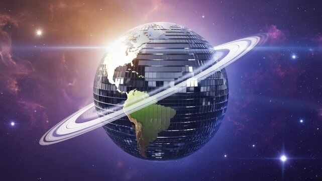 Disco ball planet earth rotating in outer space with rings like saturn cosmic dance floor concept vibrant nebula background galaxy universe light flare celestial body motion graphics