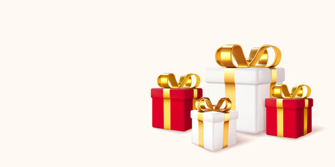 Red and white gift boxes with shiny golden bows, realistic style, placed on a light background. Concept of celebration and holidays. Vector illustration