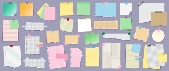 Assortment of colorful torn paper note sheets with clips and tape on a purple background. Stationery and memo concept. Vector illustration
