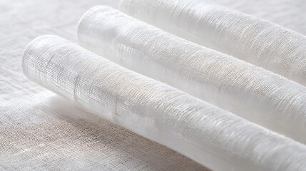 Three rolled white linen towels or napkins in a row, displaying high quality natural fabric texture and weave.