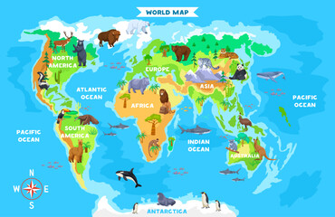 Obraz premium Colorful world map with iconic animals from each continent and ocean, cartoon style on blue background. Concept of global wildlife habitats. Vector illustration