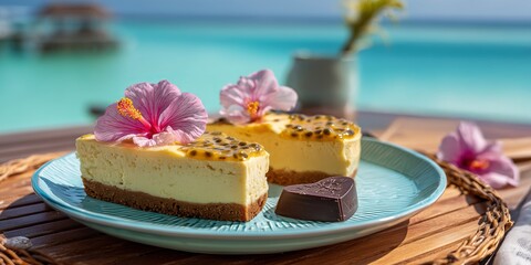 Two slices of passionfruit cheesecake on bamboo table shine under warm light with hibiscus garnish. A chocolate heart and turquoise ocean behind add dreamy romantic flair.