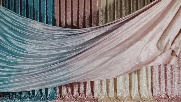 A row of multicolored pleated fabrics hangs with soft drape, forming rich folds and shadows. in sun