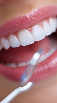 Close-up of a smile with perfect white teeth and dental mirror. Dental care and hygiene concept.