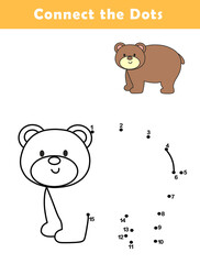 Dot to Dot Worksheet for Kids. Connect the dots to draw a cute bear. Illustration of bear. Coloring page.	