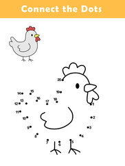 Dot to Dot Worksheet for Kids. Connect the dots to draw a cute chicken. Illustration of chicken. Coloring page.	