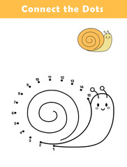 Dot to Dot Worksheet for Kids. Connect the dots to draw a cute snail. Illustration of snail. Coloring page.	